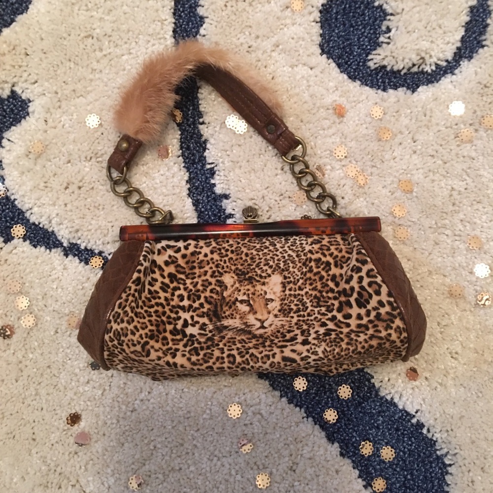 Vintage clutch purse Leopard print fur on handle